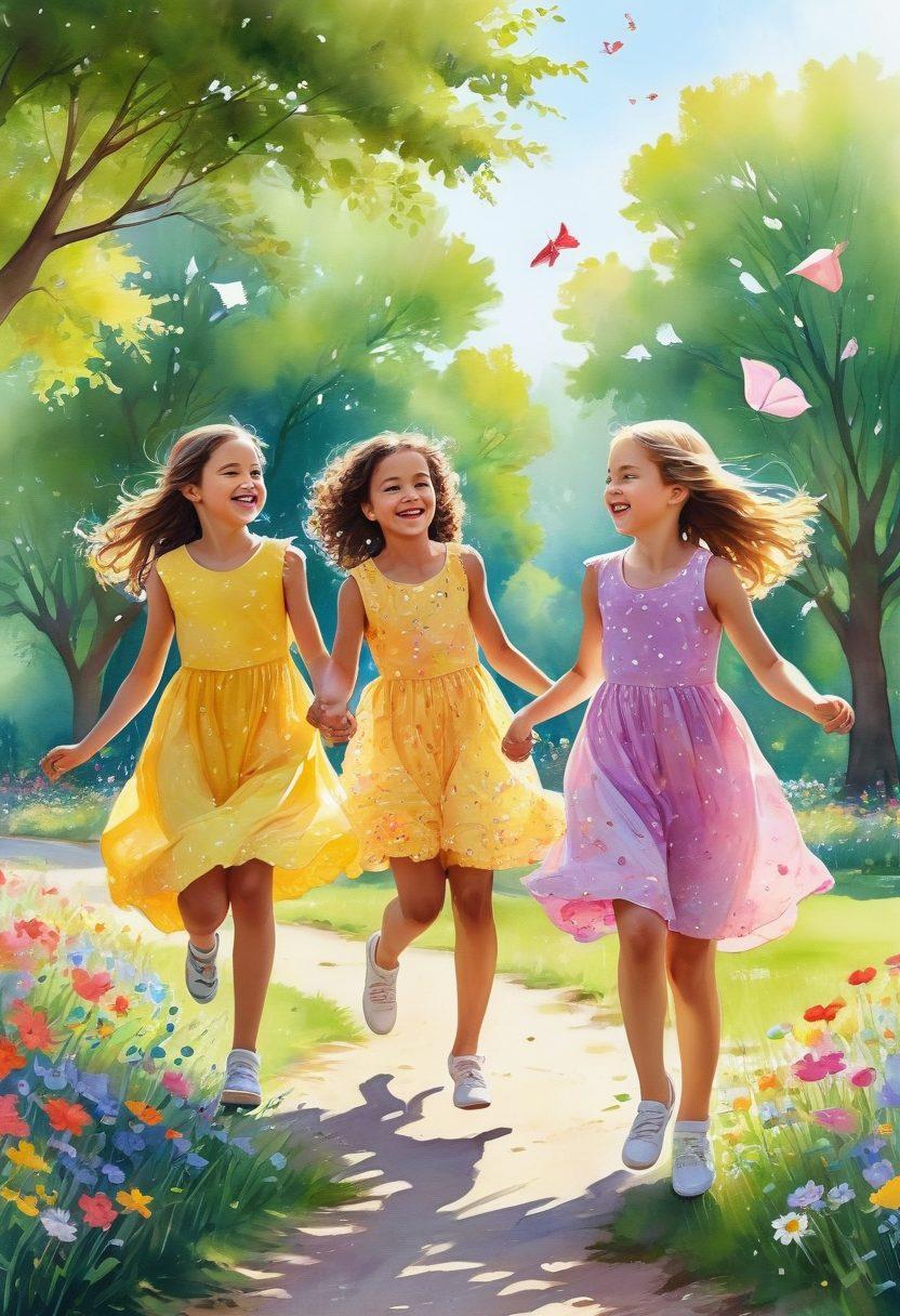 A vibrant scene of diverse young girls joyfully playing together in a sunlit park, surrounded by blooming flowers and butterflies, embodying innocence and empowerment. They wear bright, cheerful dresses and are engaged in activities like jumping rope and flying kites, symbolizing freedom and creativity. The atmosphere is filled with laughter and warmth, showcasing the essence of wholesome fun. watercolor. bright colors. soft focus.
