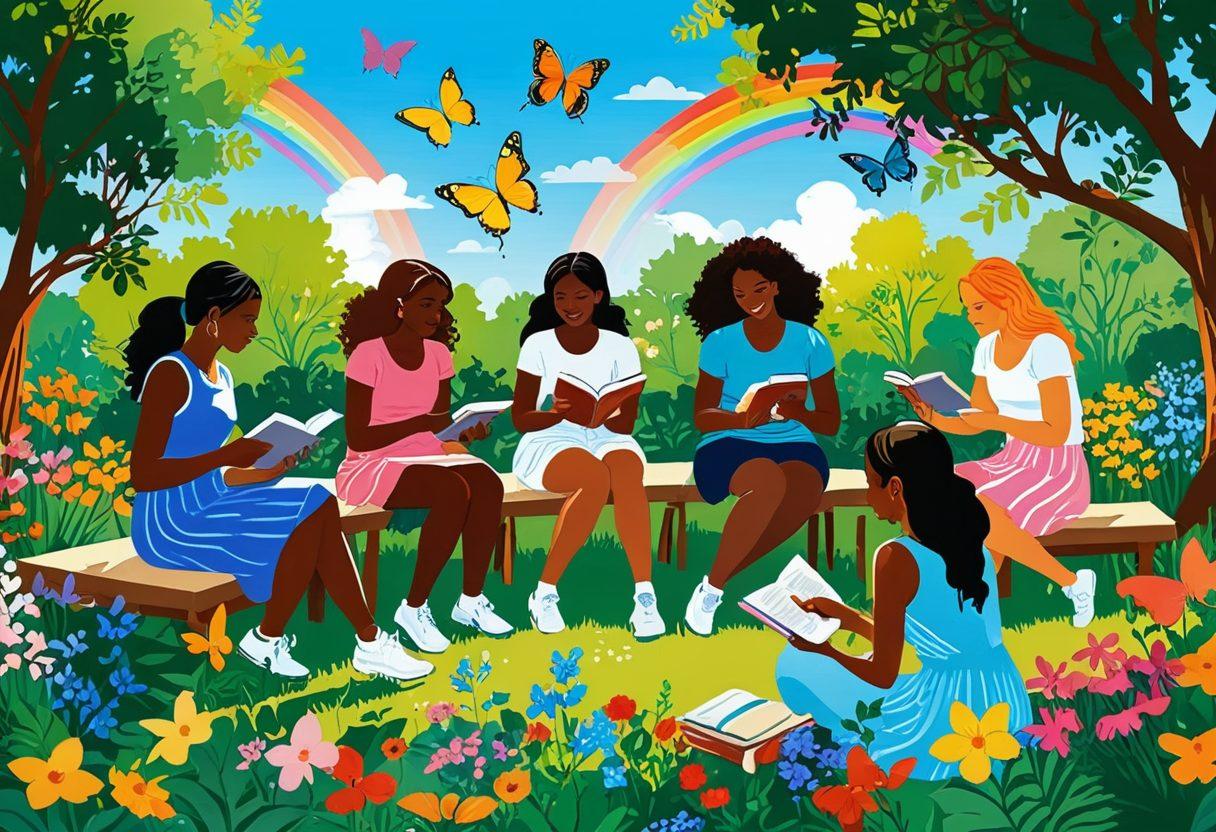 A vibrant scene showcasing a diverse group of young women engaging in positive activities like painting, gardening, and discussing books in a sunny park. They are surrounded by blooming flowers and trees, radiating joy and positivity. The atmosphere is infused with uplifting colors, promoting feelings of warmth and community. Include elements like a rainbow and butterflies to symbolize growth and hope. vector art. vibrant colors.