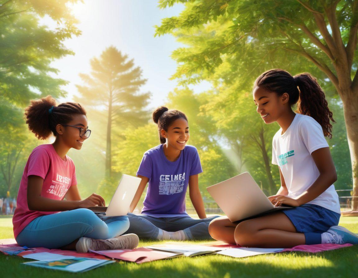 A vibrant illustration of diverse teenage girls engaged in various empowering activities, such as playing sports, coding, and collaborating on projects. The background features a bright and uplifting park scene symbolizing growth and potential, with rays of sunlight shining down. Incorporate elements like books, laptops, and sports equipment to emphasize empowerment through both intellect and physical activity. Include a colorful banner that reads 'Celebrate Empowerment!' super-realistic. vibrant colors. white background.
